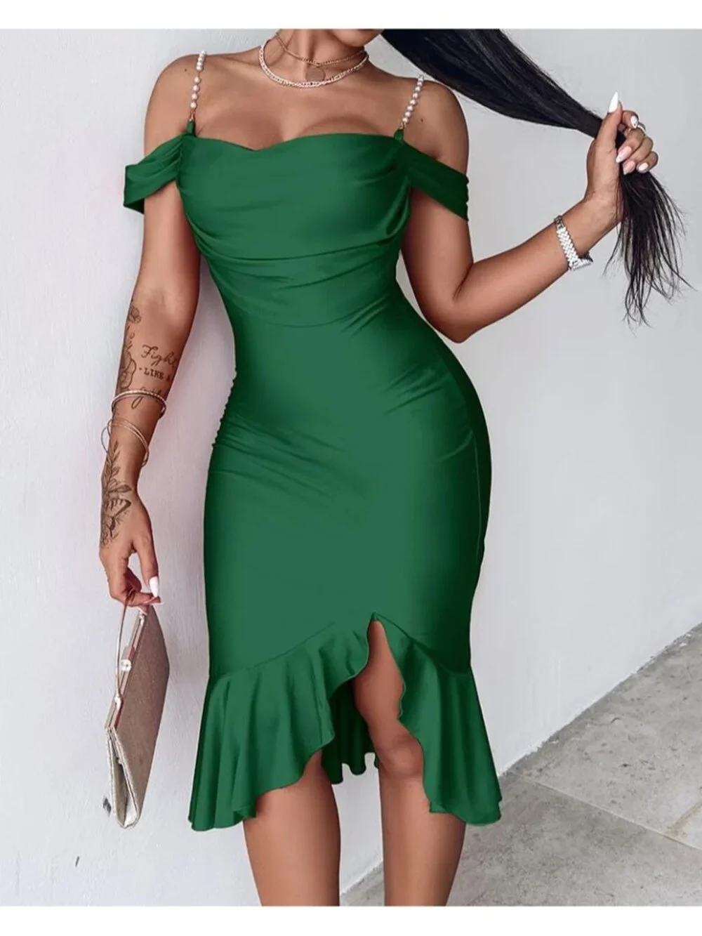 👗Women's Green Off Shoulder Design Cocktail  Pearls Strap Bodycon Midi Dress